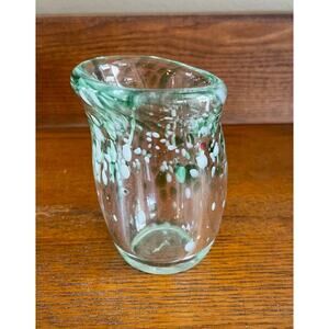 Art Glass Hand Blown Heavy Glass Vase Green & White Swirl 4" Tall